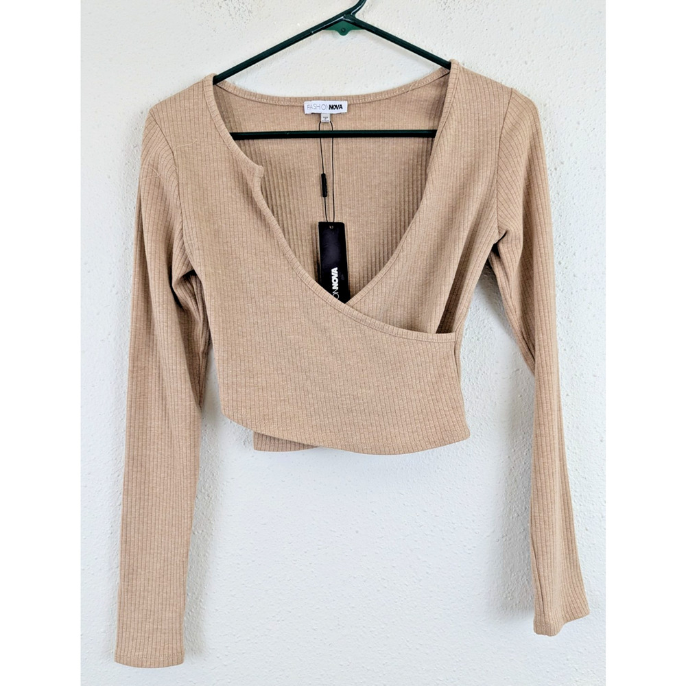 New Fashion Nova sz M Faux Wrap Crop Top or T-shirt ls taupe in color 4023